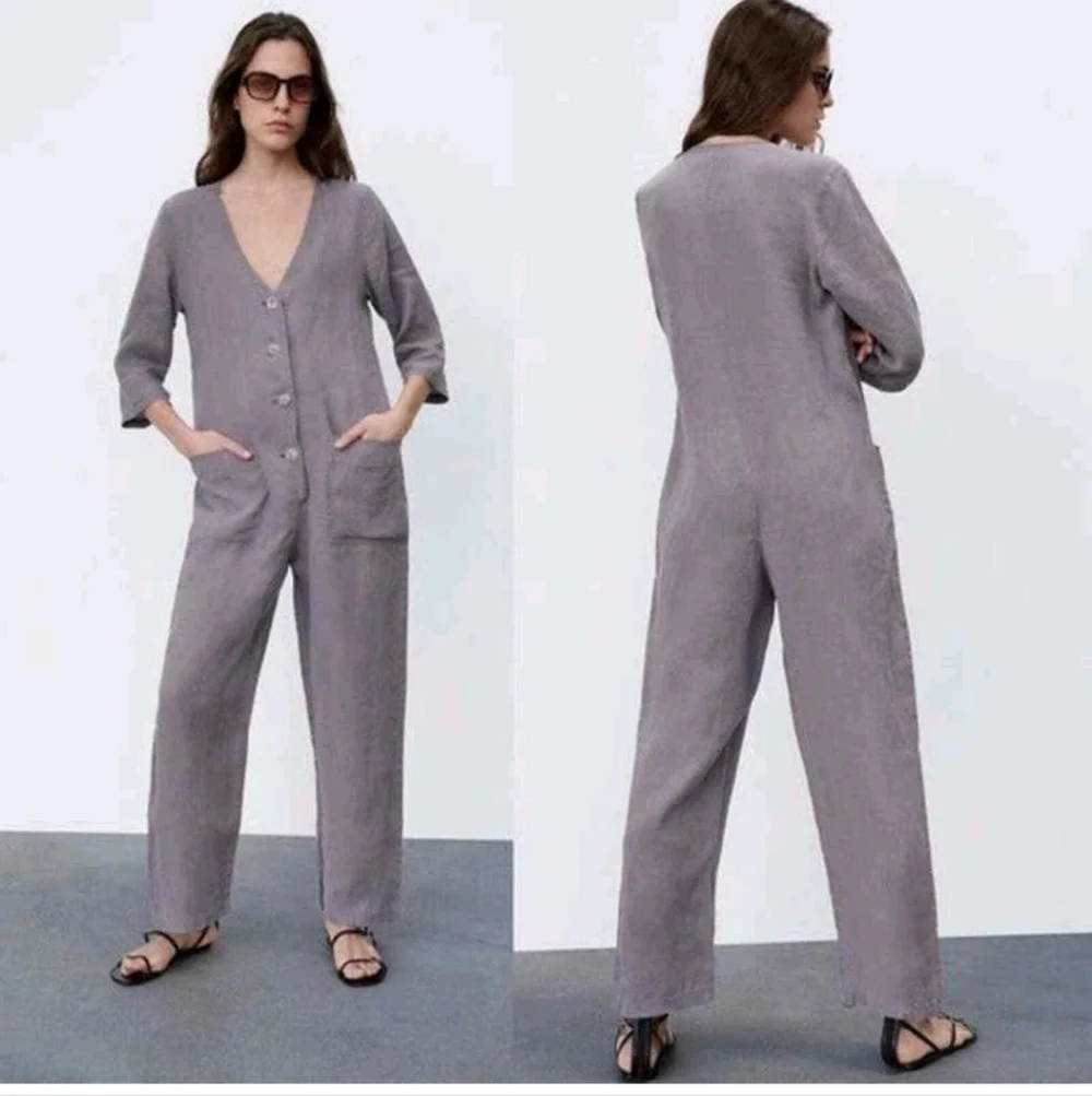ZARA | Gray Lillian 100% Linen Button Front Jumpsuit SZ S